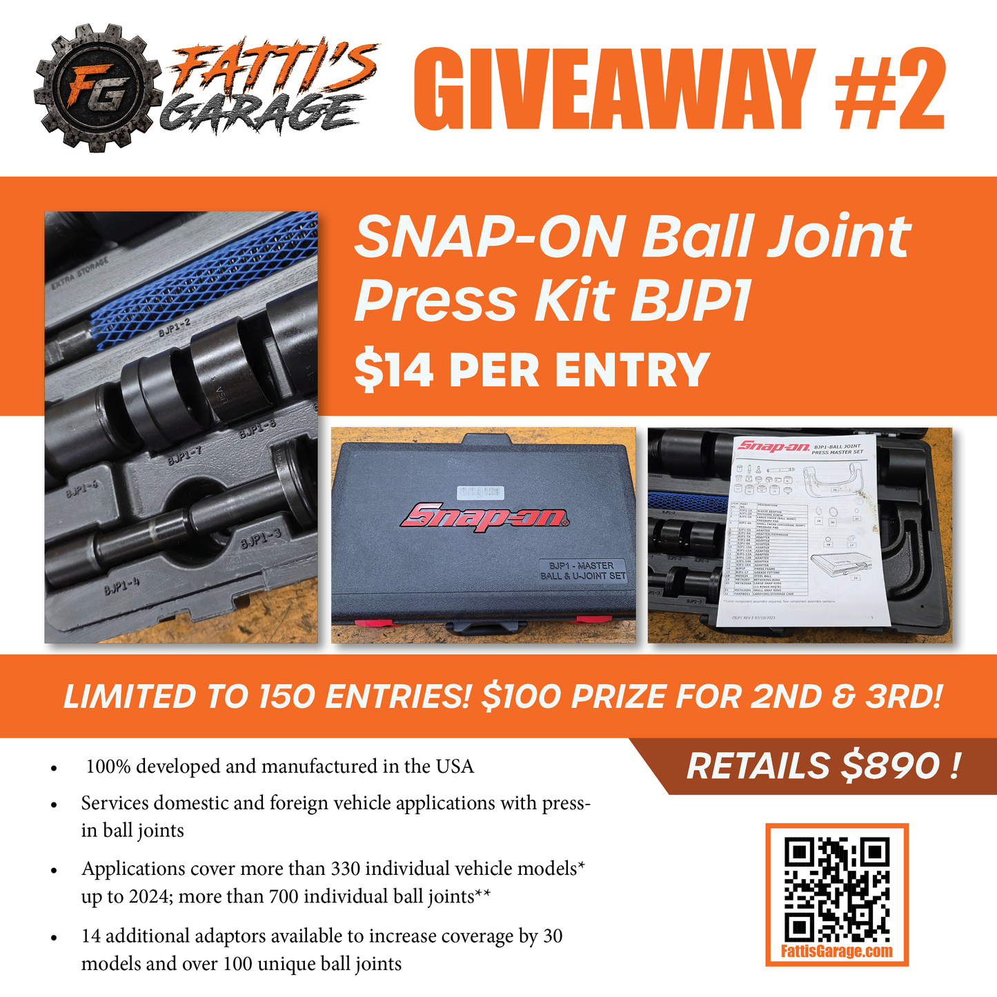 Snap-ON Ball Joint Press BJP1 Giveaway w/ 2nd and 3rd place prizes
